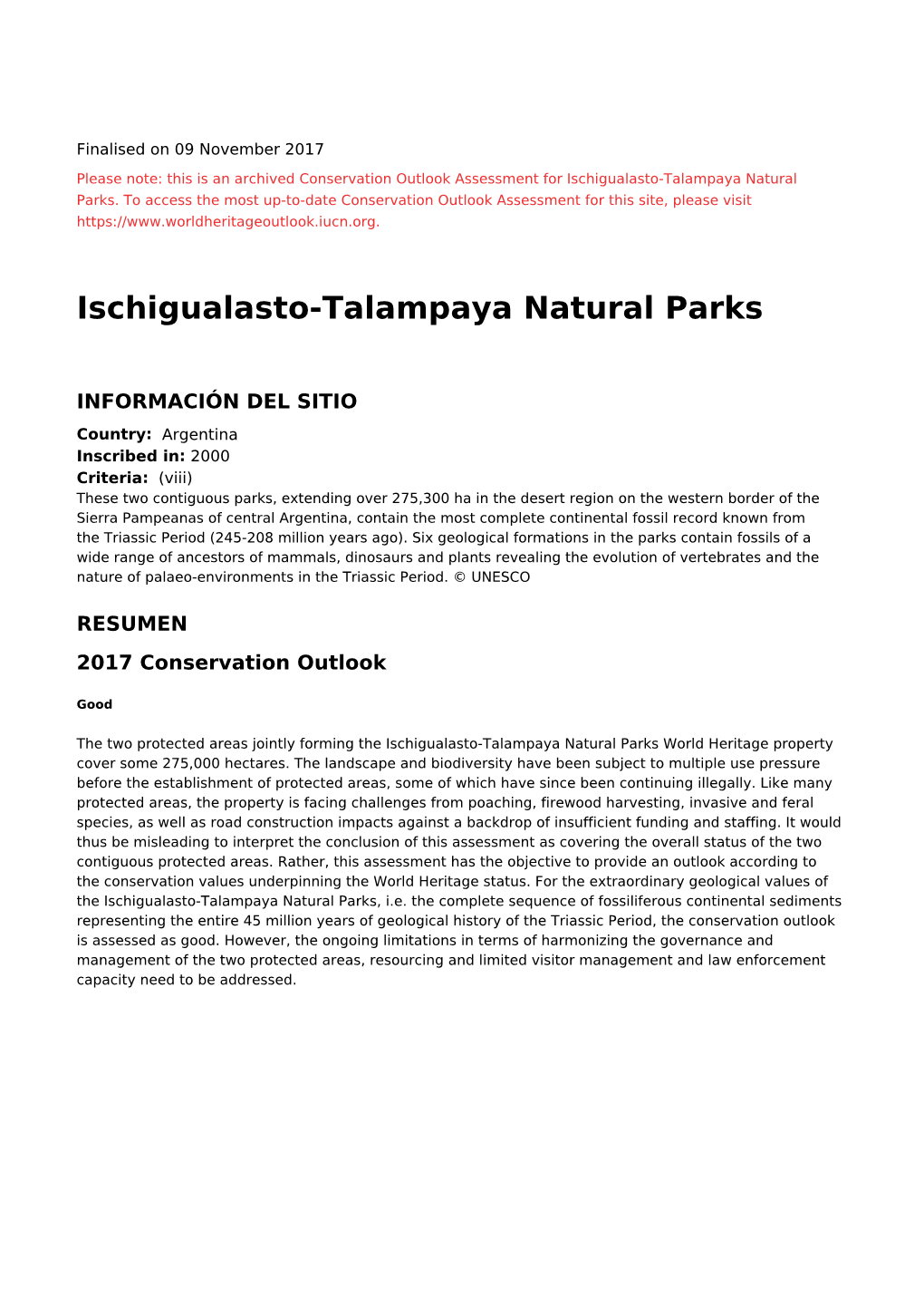 Ischigualasto-Talampaya Natural Parks - 2017 Conservation Outlook Assessment (Archived)
