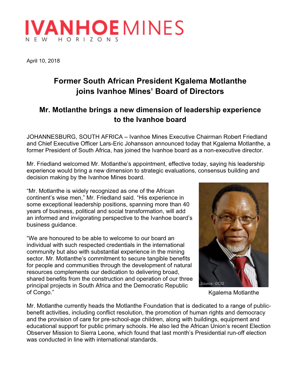 Former South African President Kgalema Motlanthe Joins Ivanhoe Mines’ Board of Directors