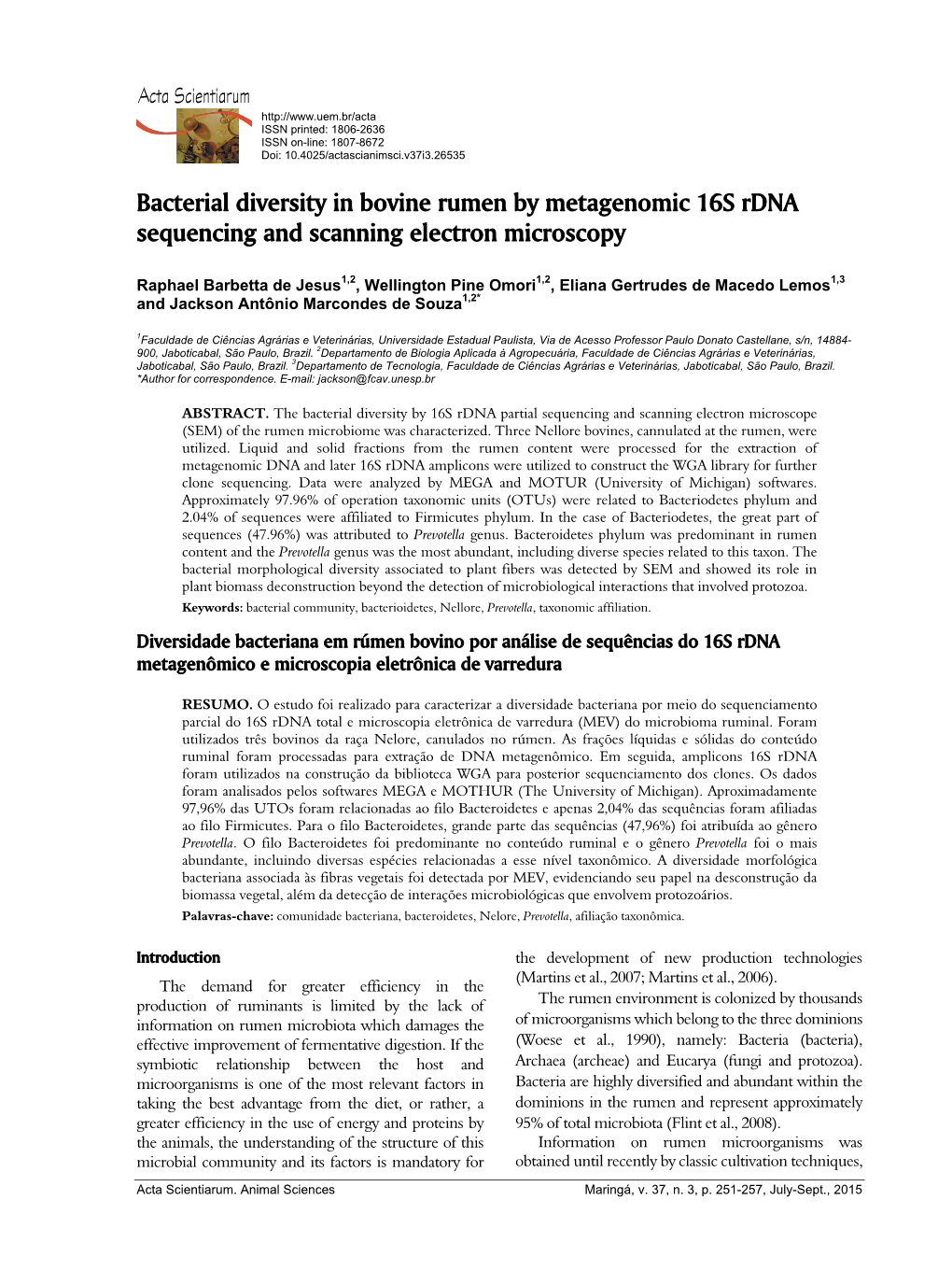 Bacterial Diversity in Bovine Rumen by Metagenomic 16S Rdna Sequencing and Scanning Electron Microscopy