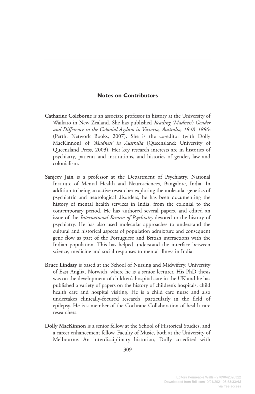 Notes on Contributors Catharine Coleborne Is an Associate