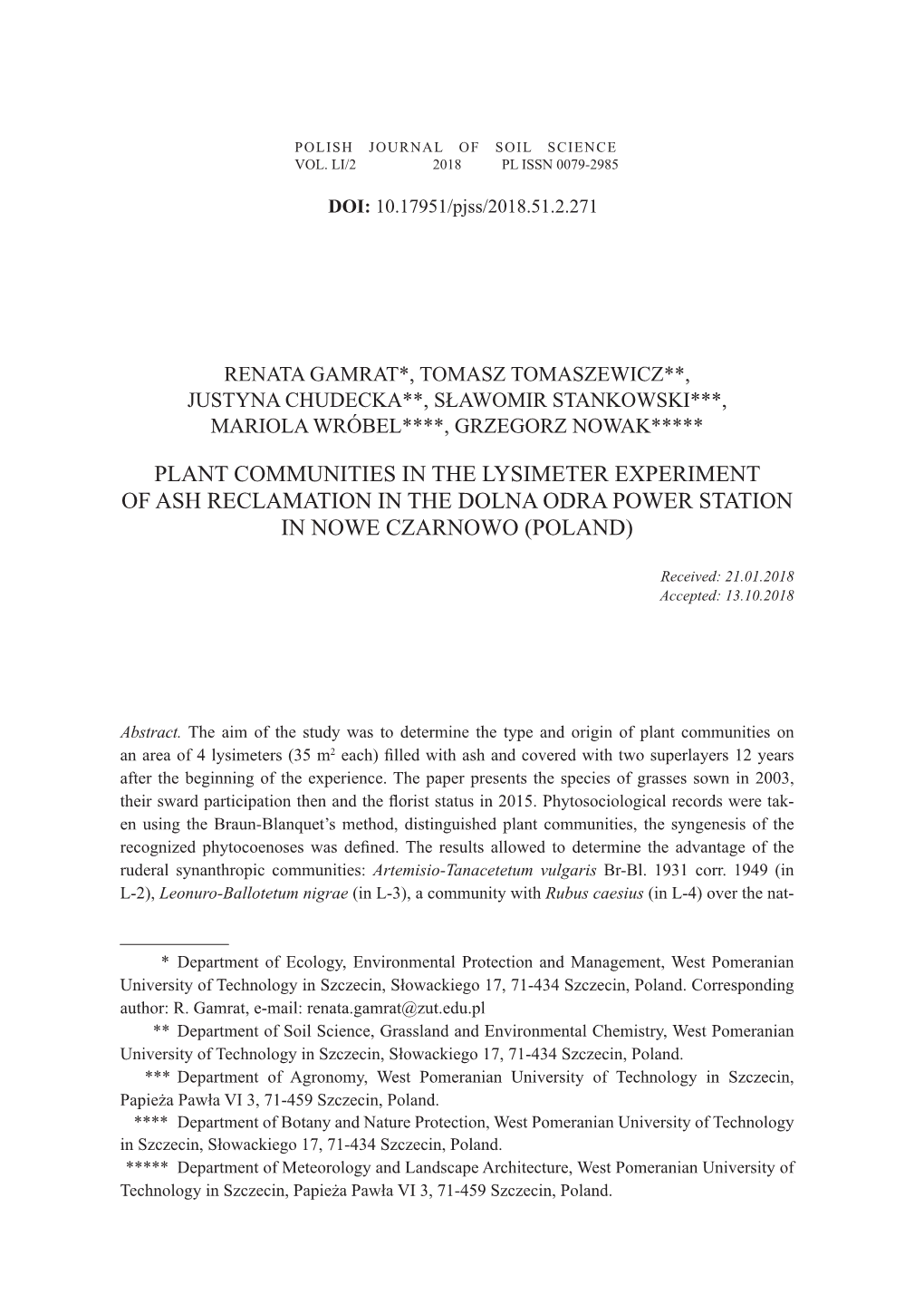 Plant Communities in the Lysimeter Experiment of Ash Reclamation in the Dolna Odra Power Station in Nowe Czarnowo (Poland)