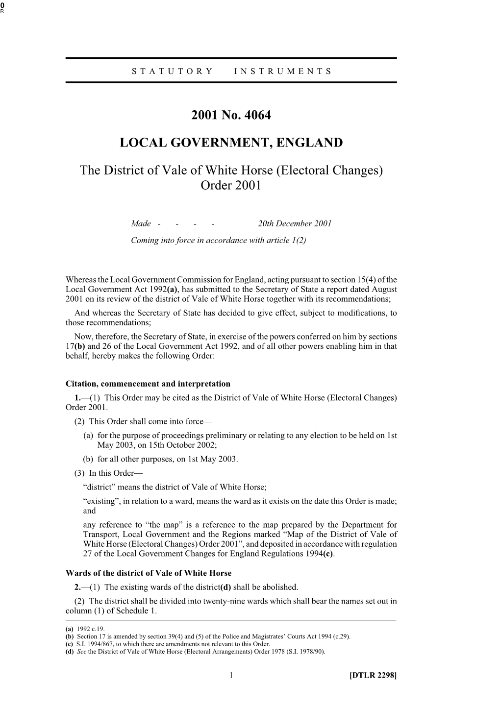 2001 No. 4064 LOCAL GOVERNMENT, ENGLAND The