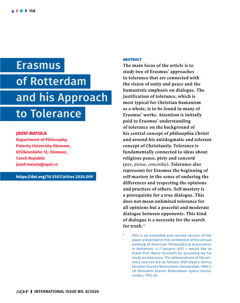 Erasmus of Rotterdam and His Approach to Tolerance