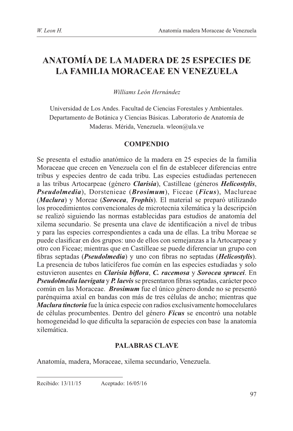 Anatomía De La Madera De 25 Especies De La Familia Moraceae En Venezuela