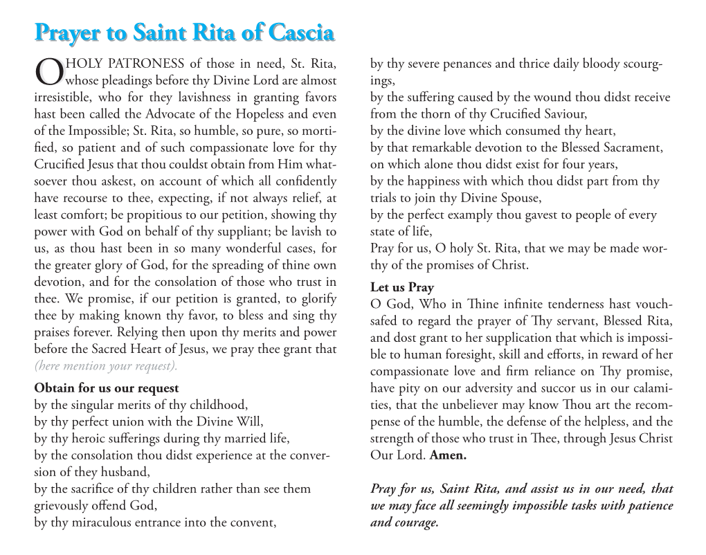 Prayer to Saint Rita of Cascia HOLY PATRONESS of Those in Need, St