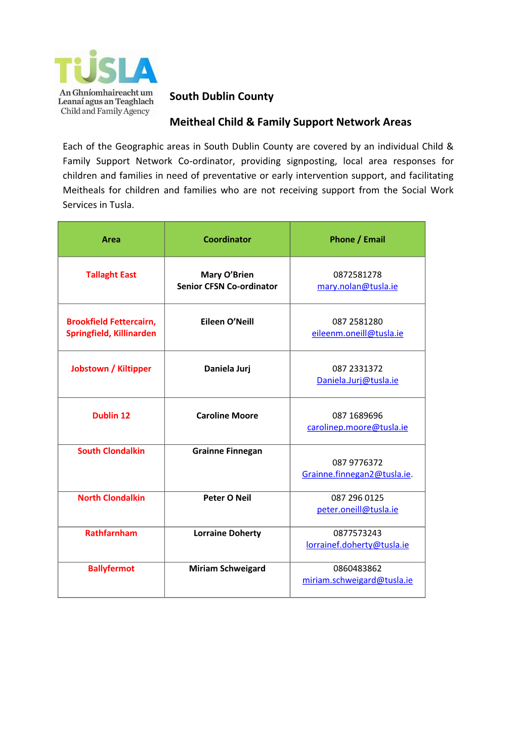 South Dublin County Meitheal Child & Family Support Network Areas