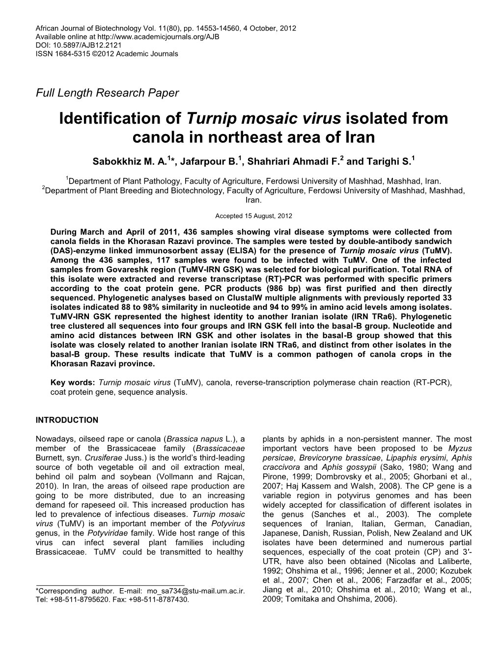 Coat Protein of Turnip Mosaic Virus in Oilseed Rape