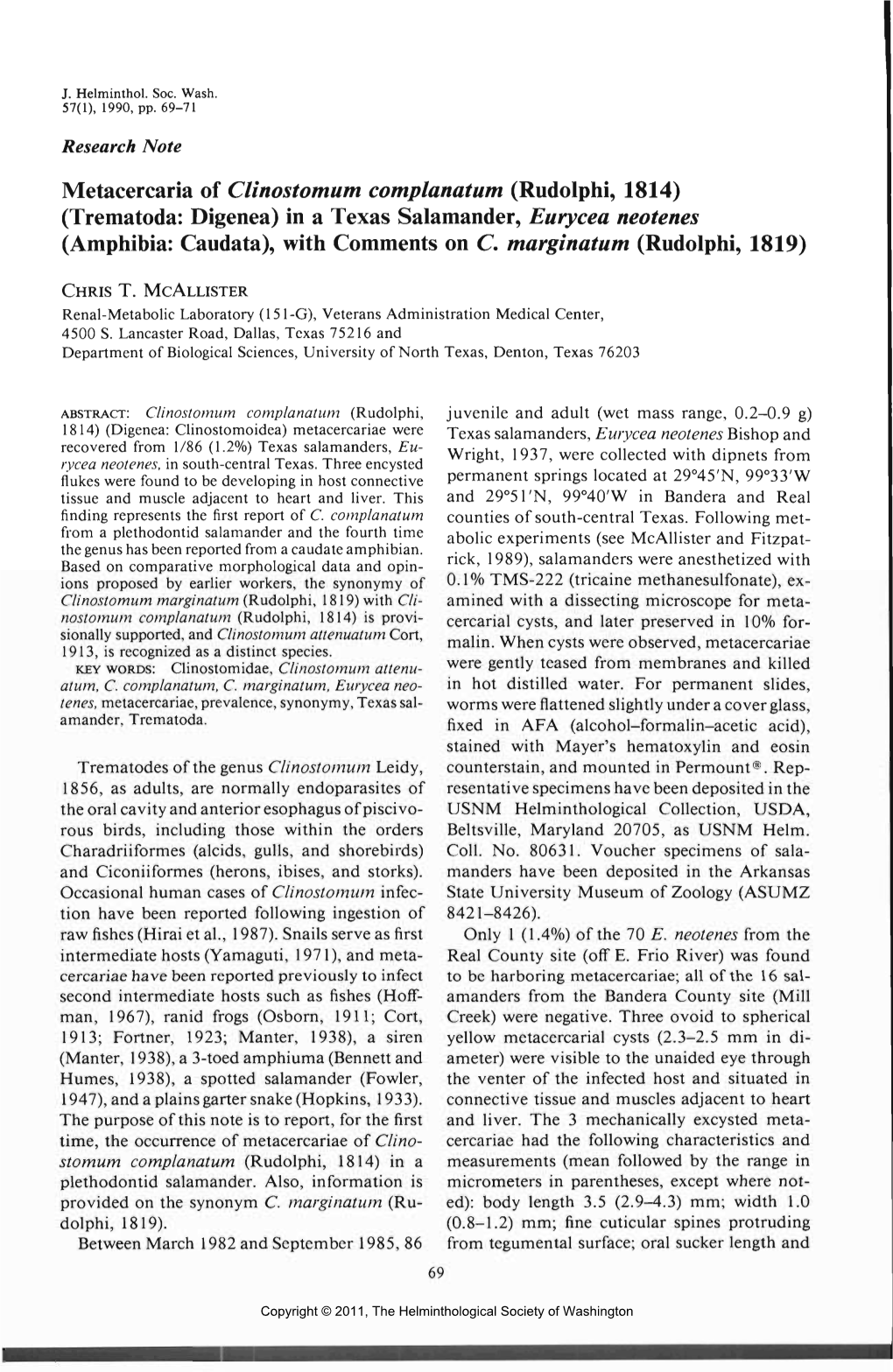 Metacercaria of Clinostomum Complanatum (Rudolphi, 1814) (Trematoda: Digenea) in a Texas Salamander, Eurycea Neotenes (Amphibia: Caudata), with Comments on C