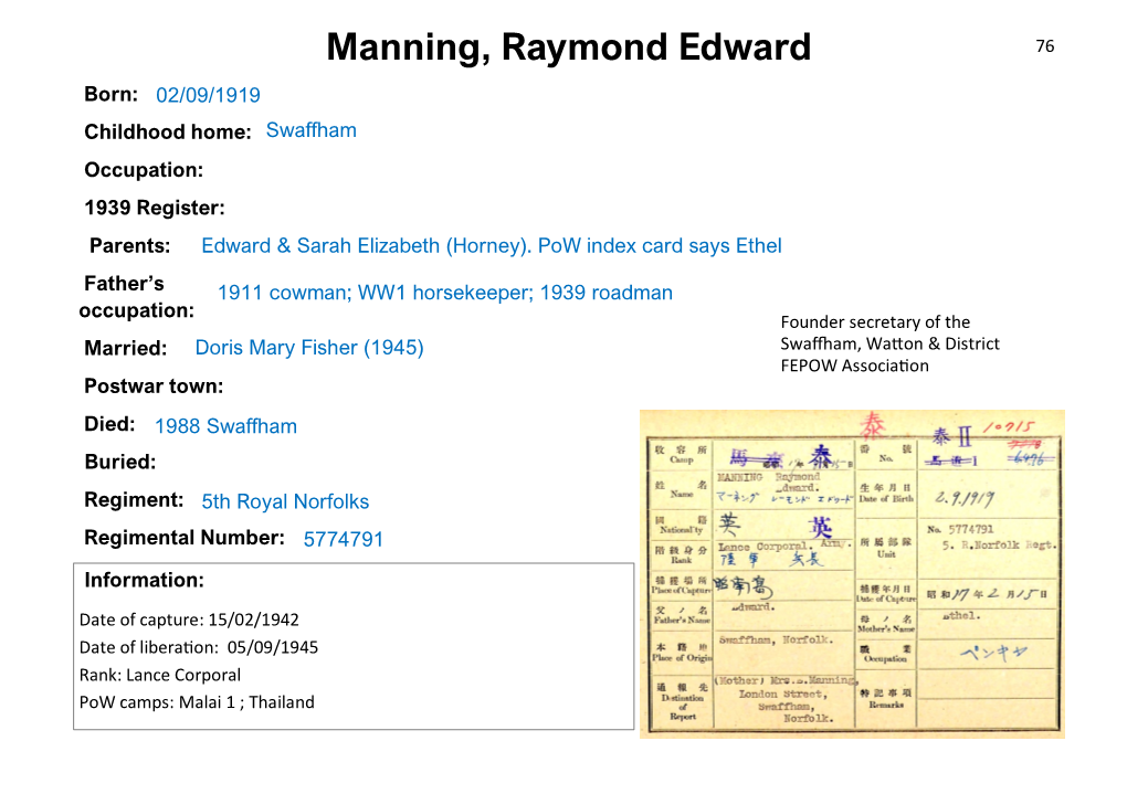 Manning, Raymond Edward 76 Born: 02/09/1919 Childhood Home: Swaffham Occupation: 1939 Register: Parents: Edward & Sarah Elizabeth (Horney)