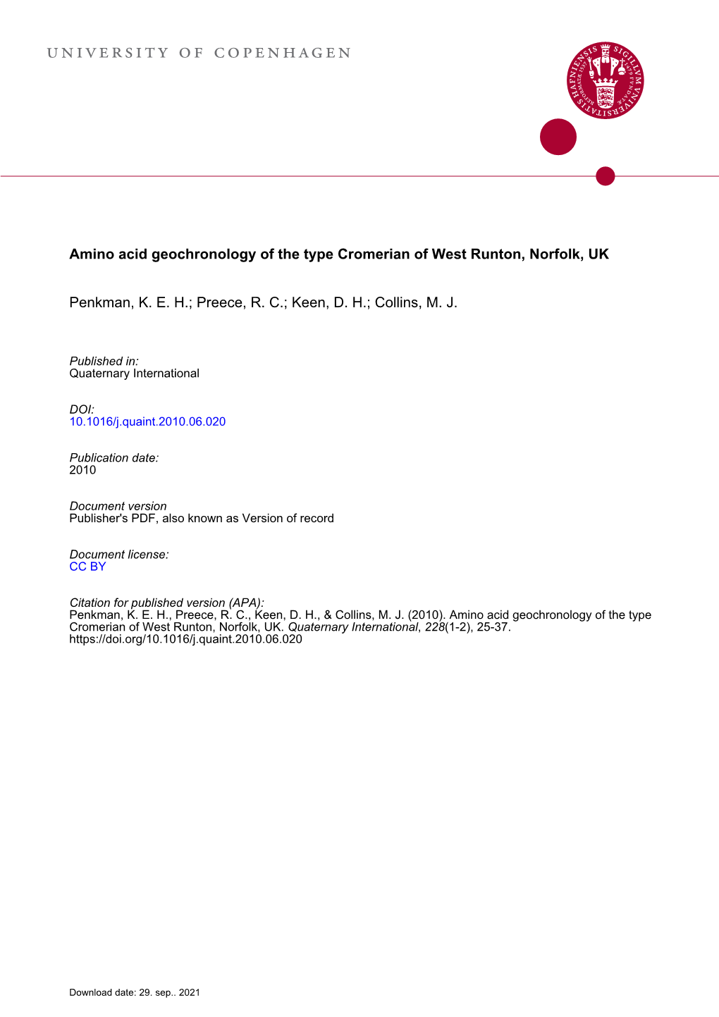 Amino Acid Geochronology of the Type Cromerian of West Runton, Norfolk, UK