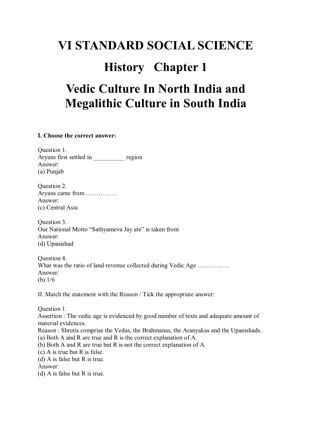 VI STANDARD SOCIAL SCIENCE History Chapter 1 Vedic Culture in North India and Megalithic Culture in South India