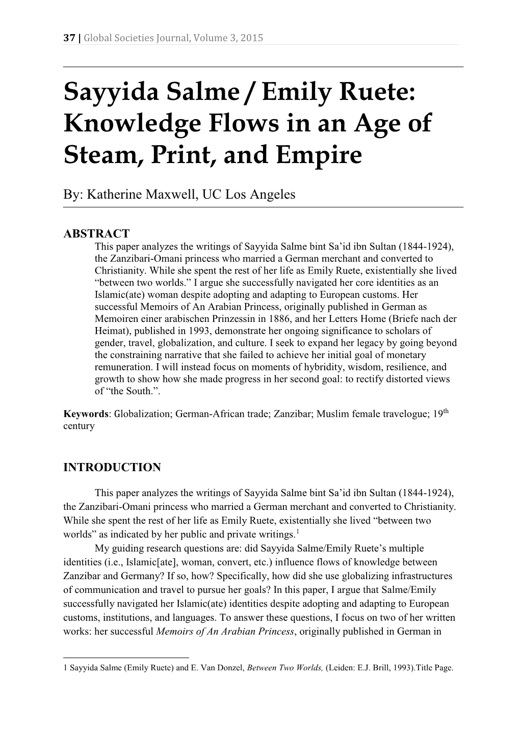 Sayyida Salme / Emily Ruete: Knowledge Flows in an Age Of