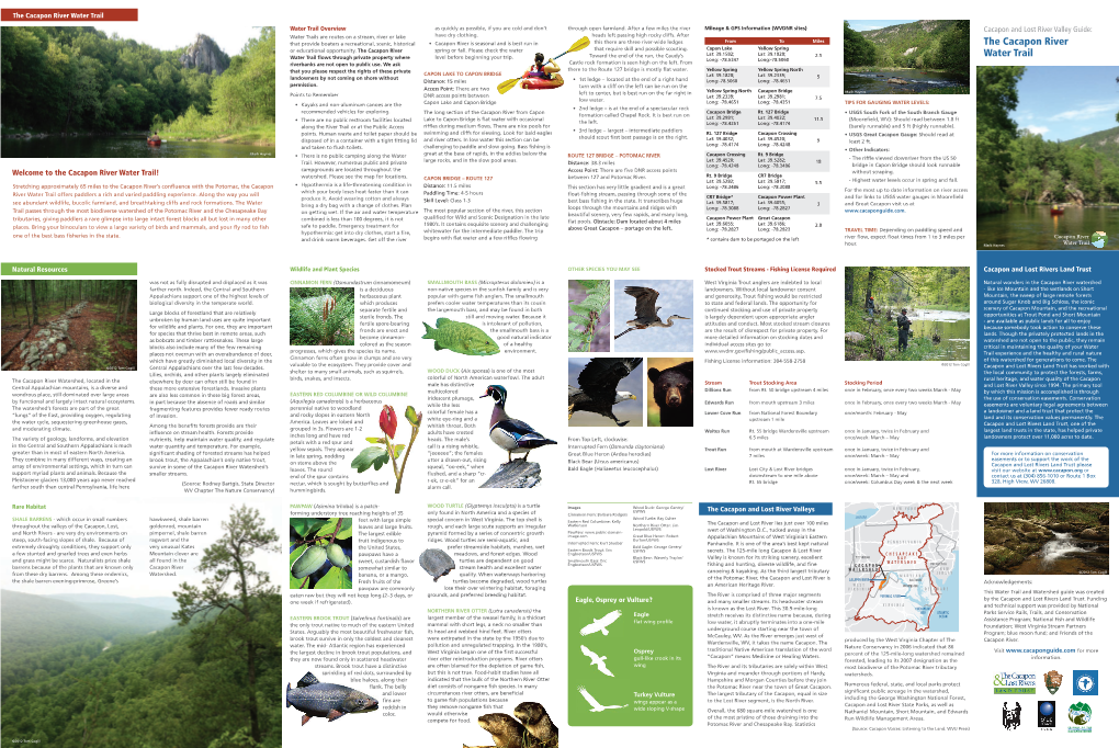 The Cacapon River Water Trail Water Trail Overview As Quickly As Possible, If You Are Cold and Don’T Through Open Farmland