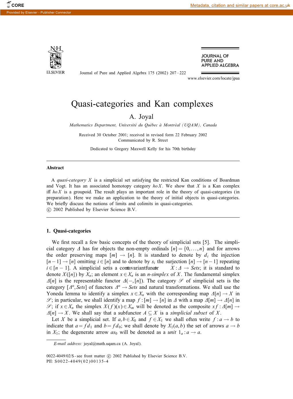 Quasi-Categories and Kan Complexes A
