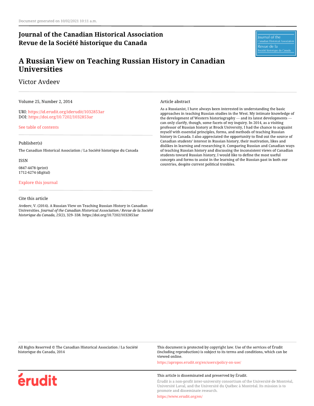 A Russian View on Teaching Russian History in Canadian Universities Victor Avdeev