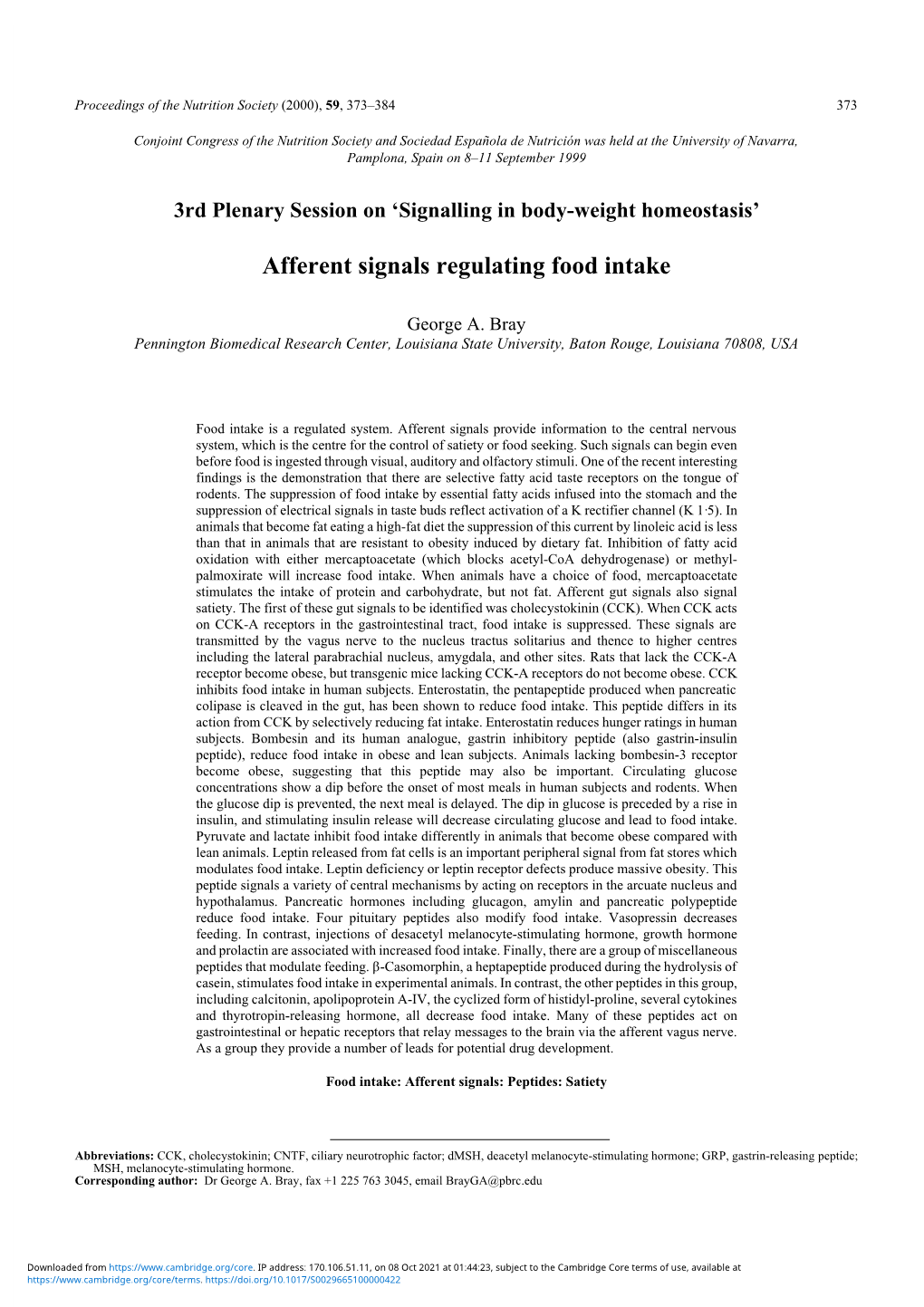 Afferent Signals Regulating Food Intake