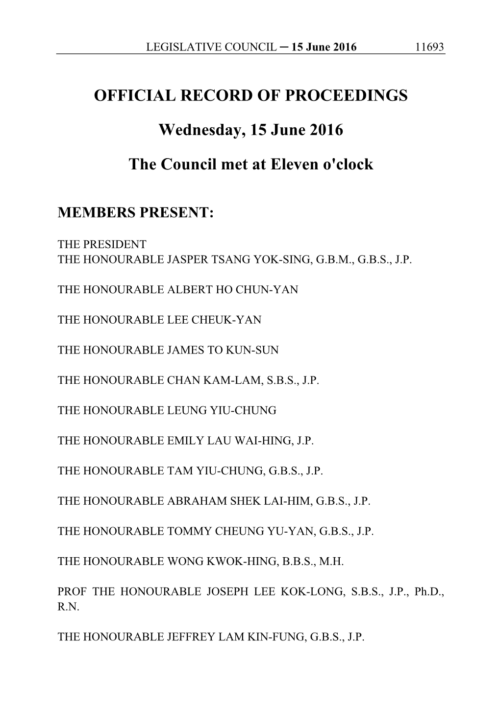 OFFICIAL RECORD of PROCEEDINGS Wednesday, 15