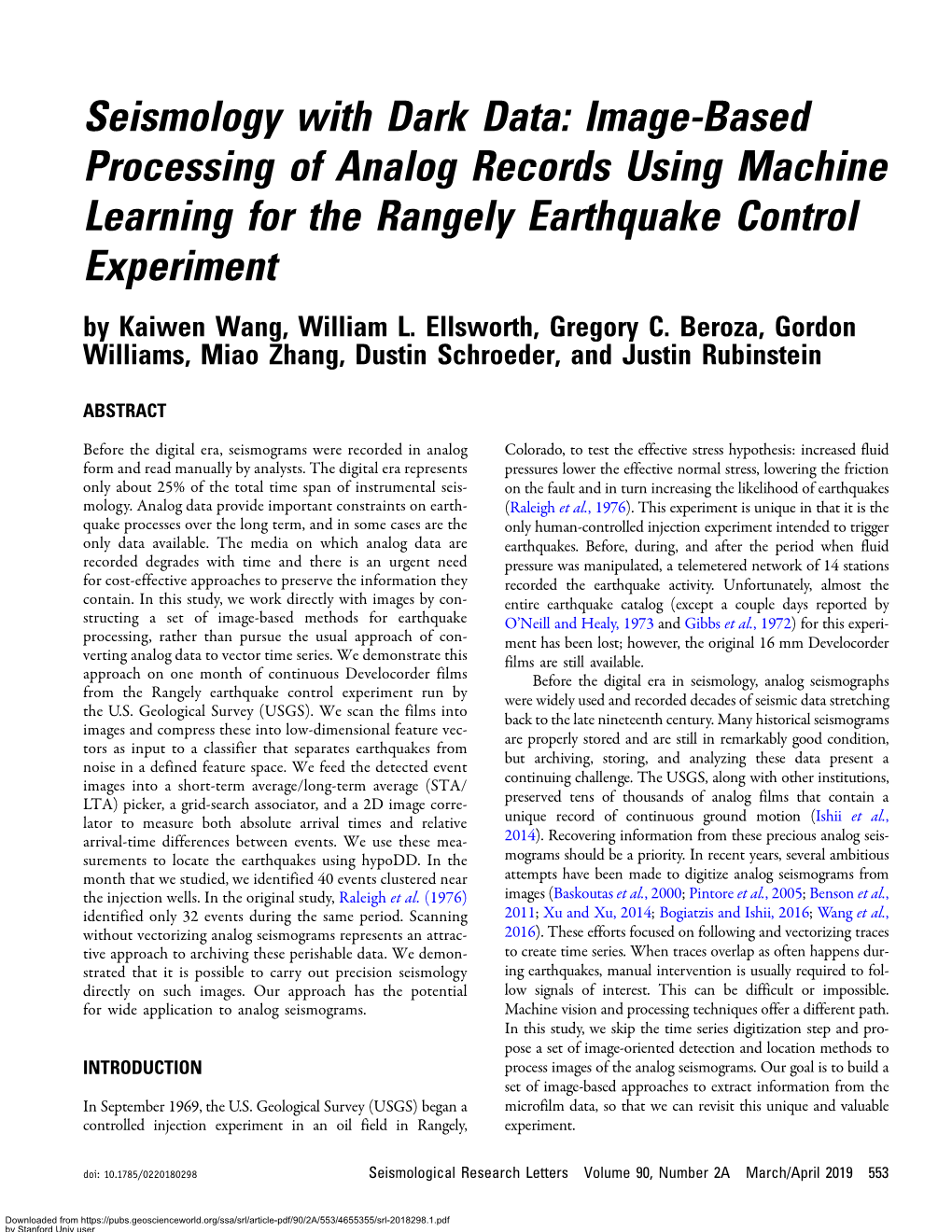 Seismology with Dark Data: Image-Based Processing of Analog Records Using Machine Learning for the Rangely Earthquake Control Experiment by Kaiwen Wang, William L