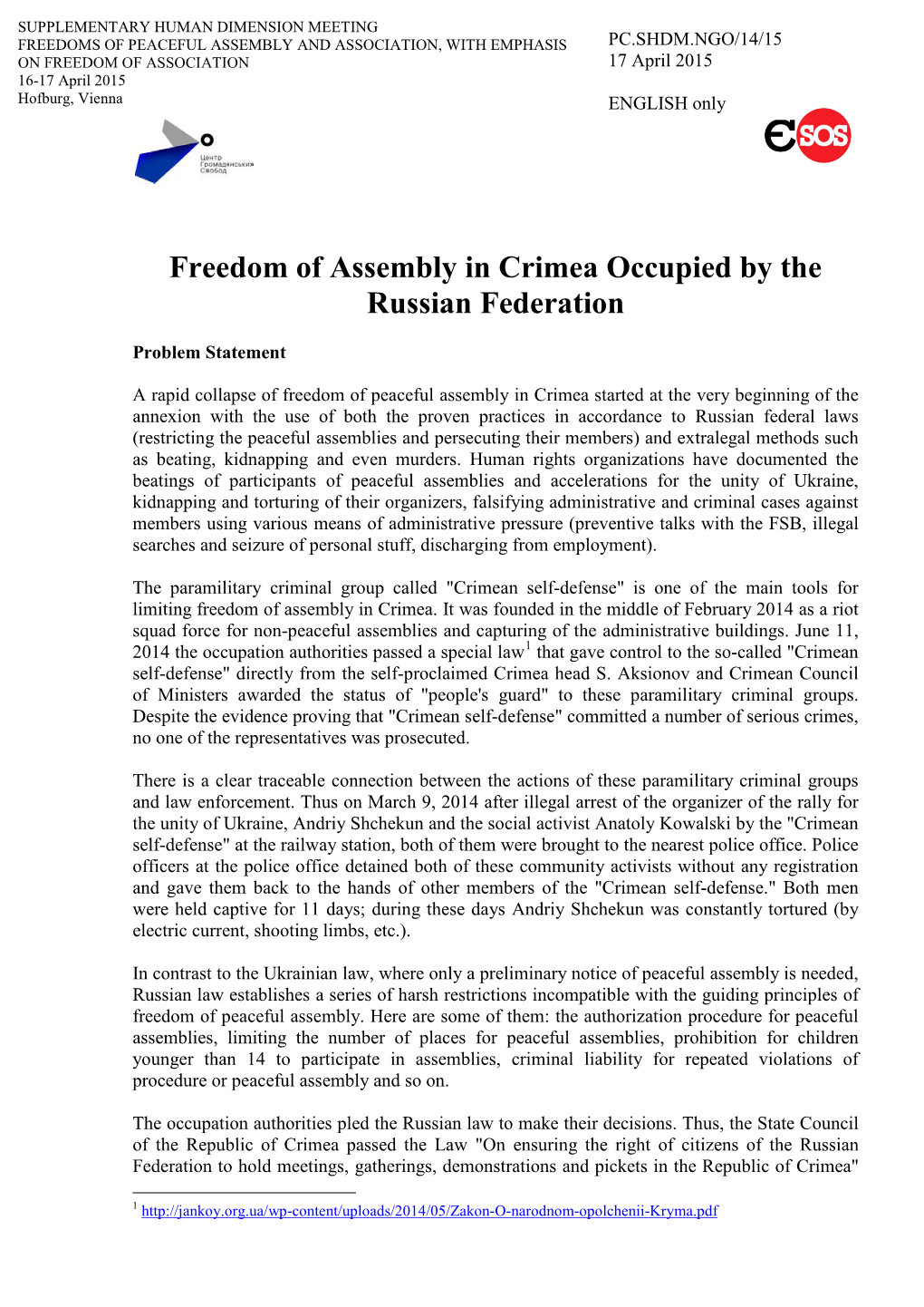 Freedom of Assembly in Crimea Occupied by the Russian Federation