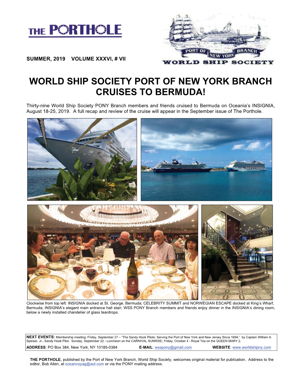 World Ship Society Port of New York Branch Cruises to Bermuda!