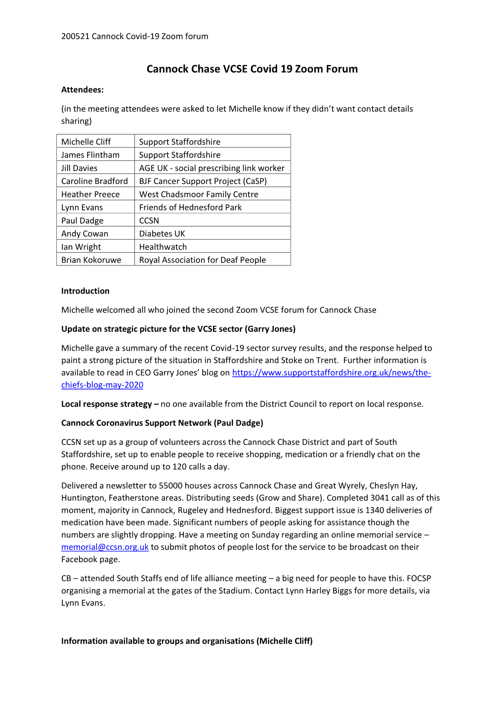 Cannock Chase VCSE Covid 19 Zoom Forum