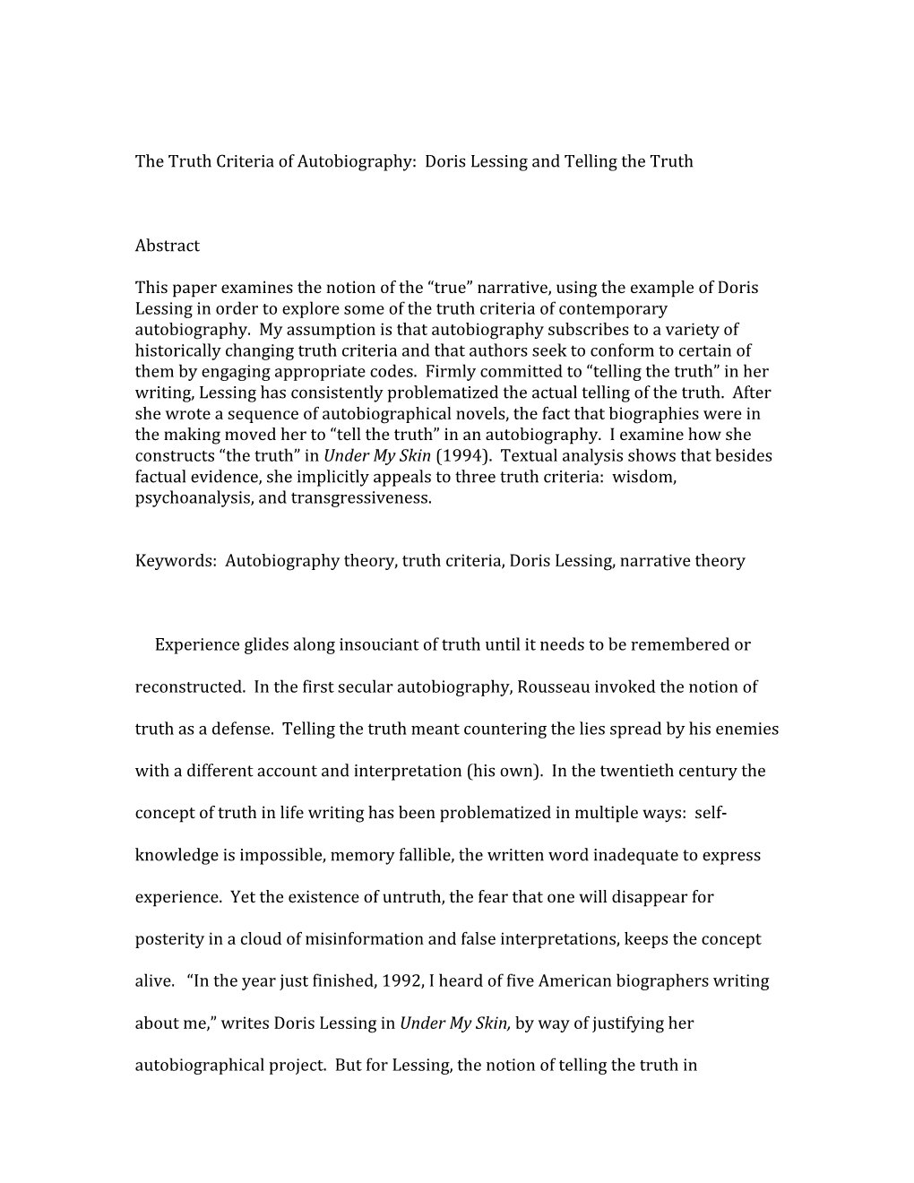 The Truth Criteria of Autobiography: Doris Lessing and Telling the Truth