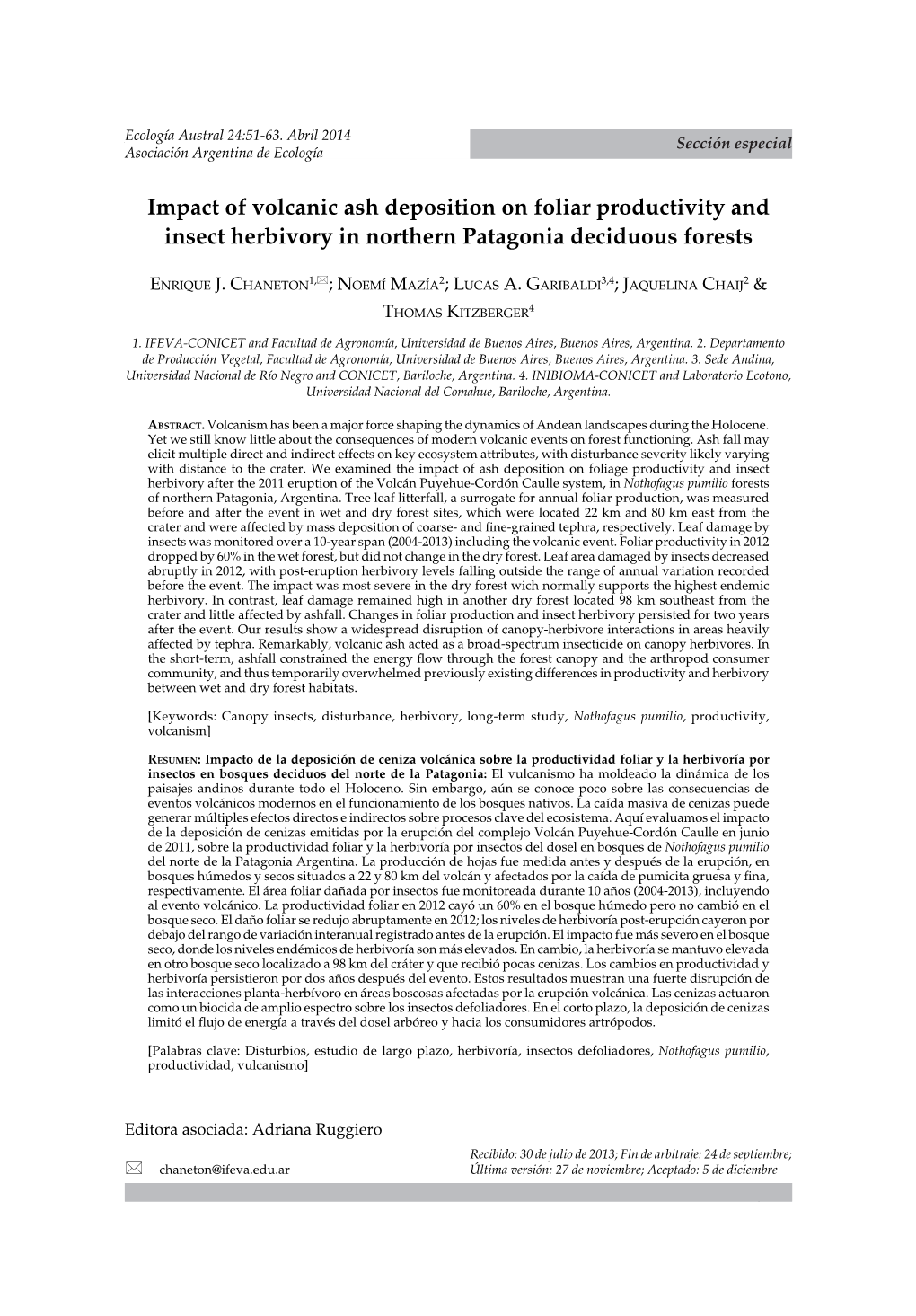 Impact of Volcanic Ash Deposition on Foliar Productivity and Insect Herbivory in Northern Patagonia Deciduous Forests