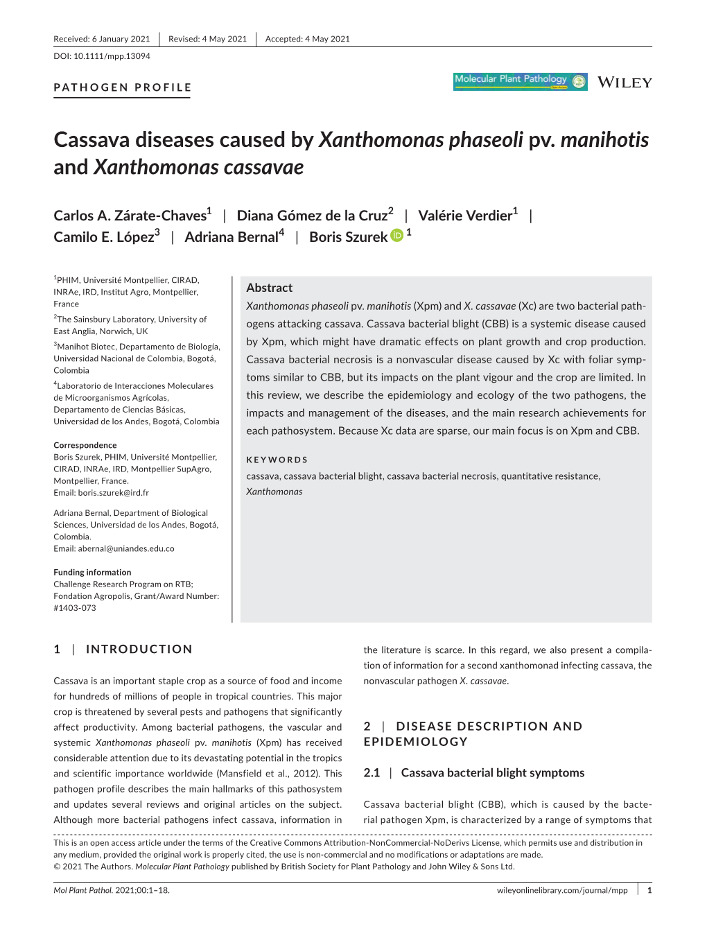 Cassava Diseases Caused by Xanthomonas Phaseoli Pv. Manihotis and Xanthomonas Cassavae