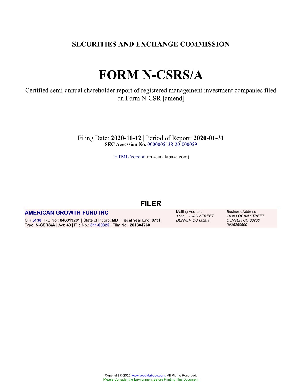 AMERICAN GROWTH FUND INC Form N-CSRS/A Filed 2020-11-12