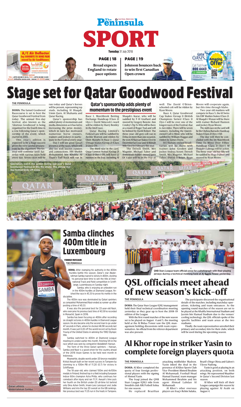 Stage Set for Qatar Goodwood Festival the PENINSULA Run Today and Qatar’S Horses Qatar’S Sponsorship Adds Plenty of Well