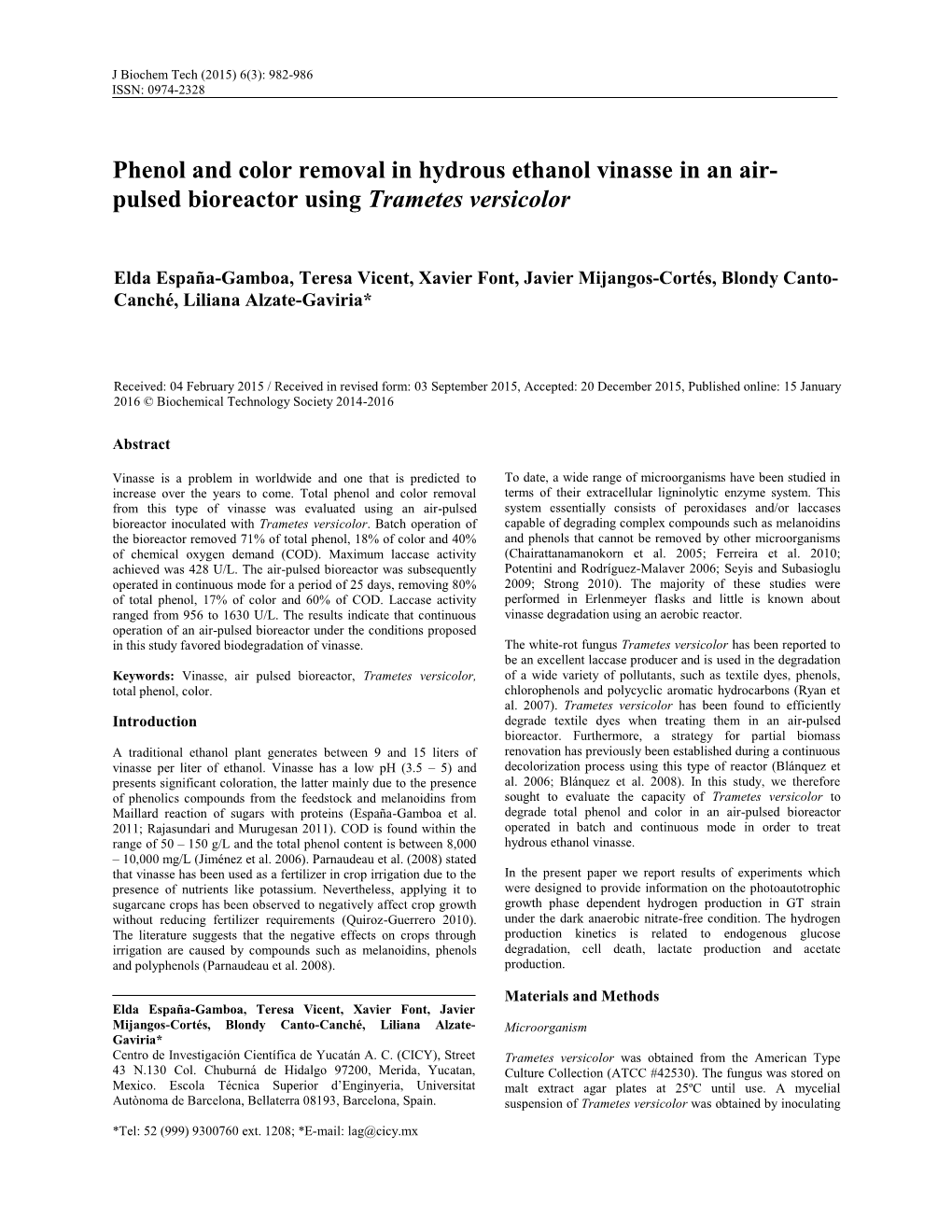 Phenol and Color Removal in Hydrous Ethanol Vinasse in an Air