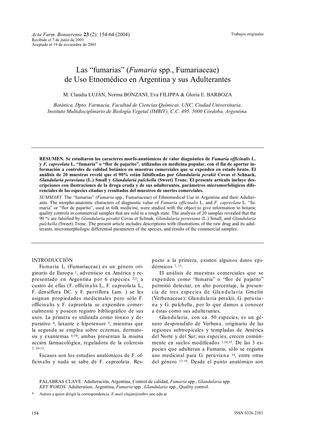 Fumaria Spp., Fumariaceae) De Uso Etnomédico En Argentina Y Sus Adulterantes