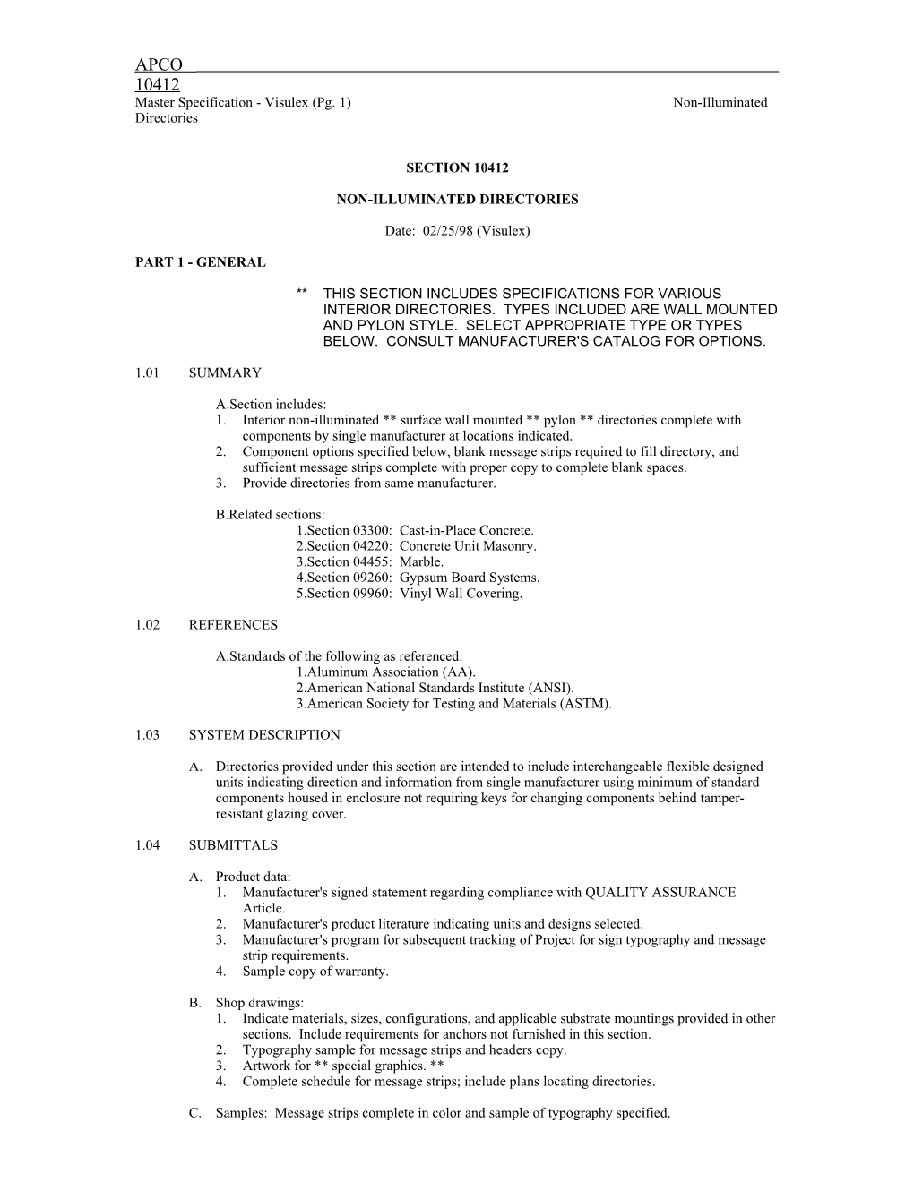 Master Specification - Visulex (Pg. 6) Non-Illuminated Directories