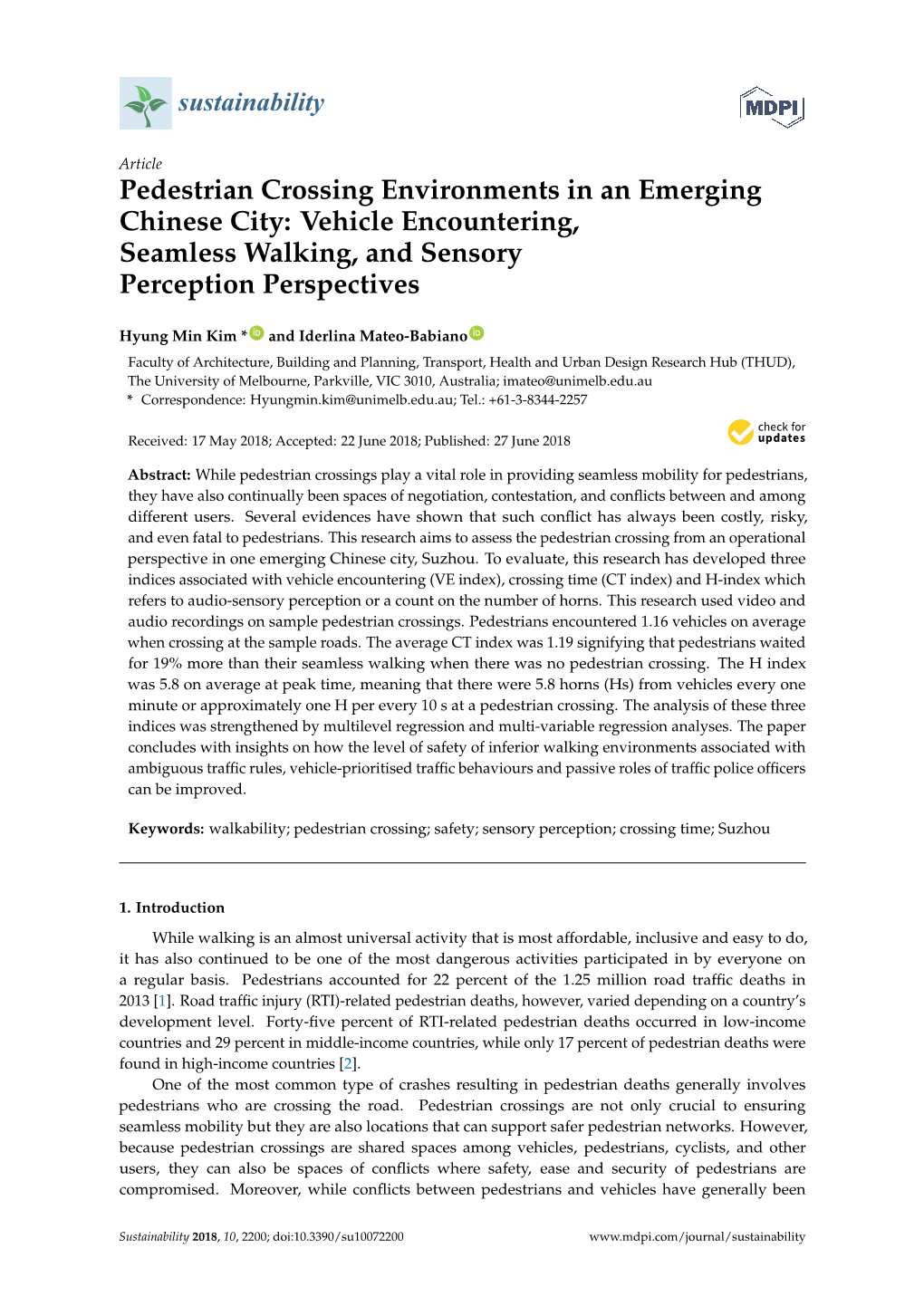 Pedestrian Crossing Environments in an Emerging Chinese City: Vehicle Encountering, Seamless Walking, and Sensory Perception Perspectives