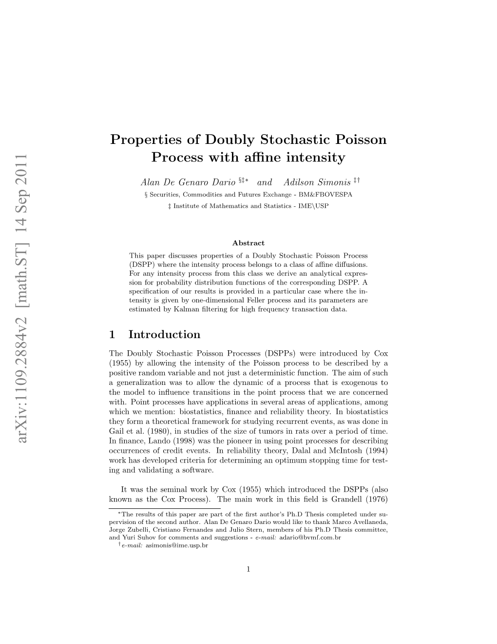 Properties of Doubly Stochastic Poisson Process with Affine Intensity