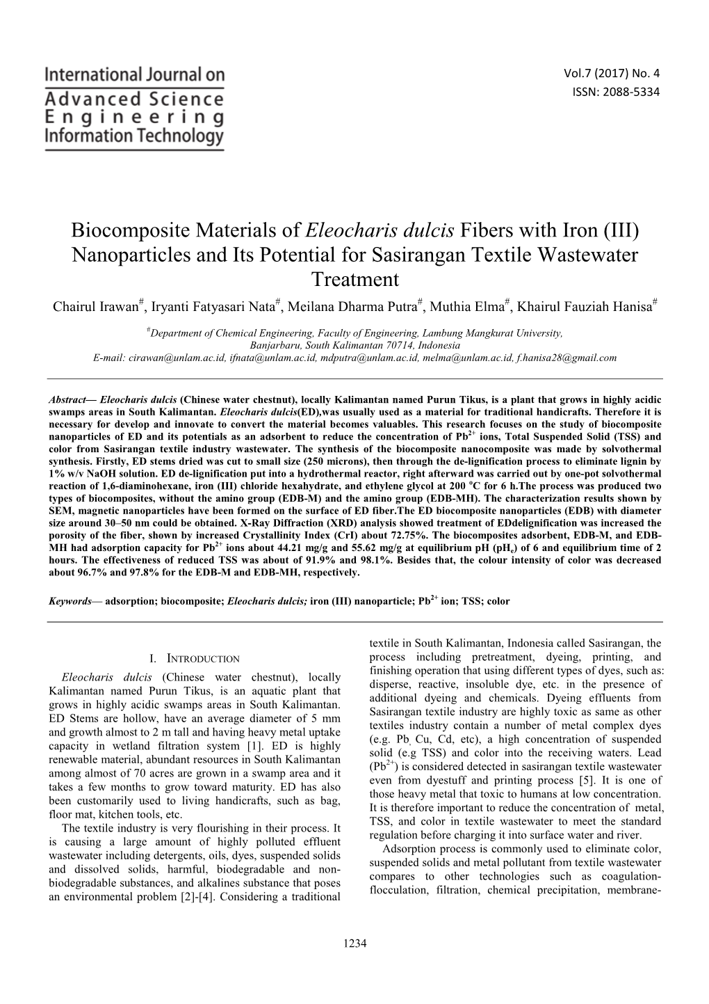 Biocomposite Materials of Eleocharis Dulcis Fibers with Iron (III) Nanoparticles and Its Potential for Sasirangan Textile Wastewater Treatment