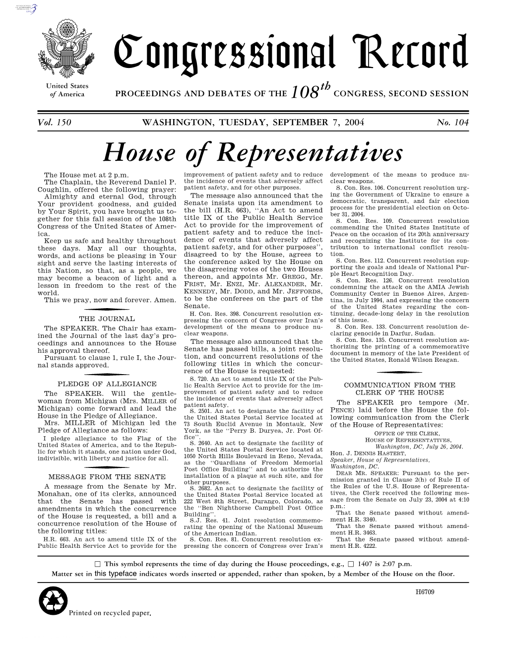 Congressional Record United States Th of America PROCEEDINGS and DEBATES of the 108 CONGRESS, SECOND SESSION