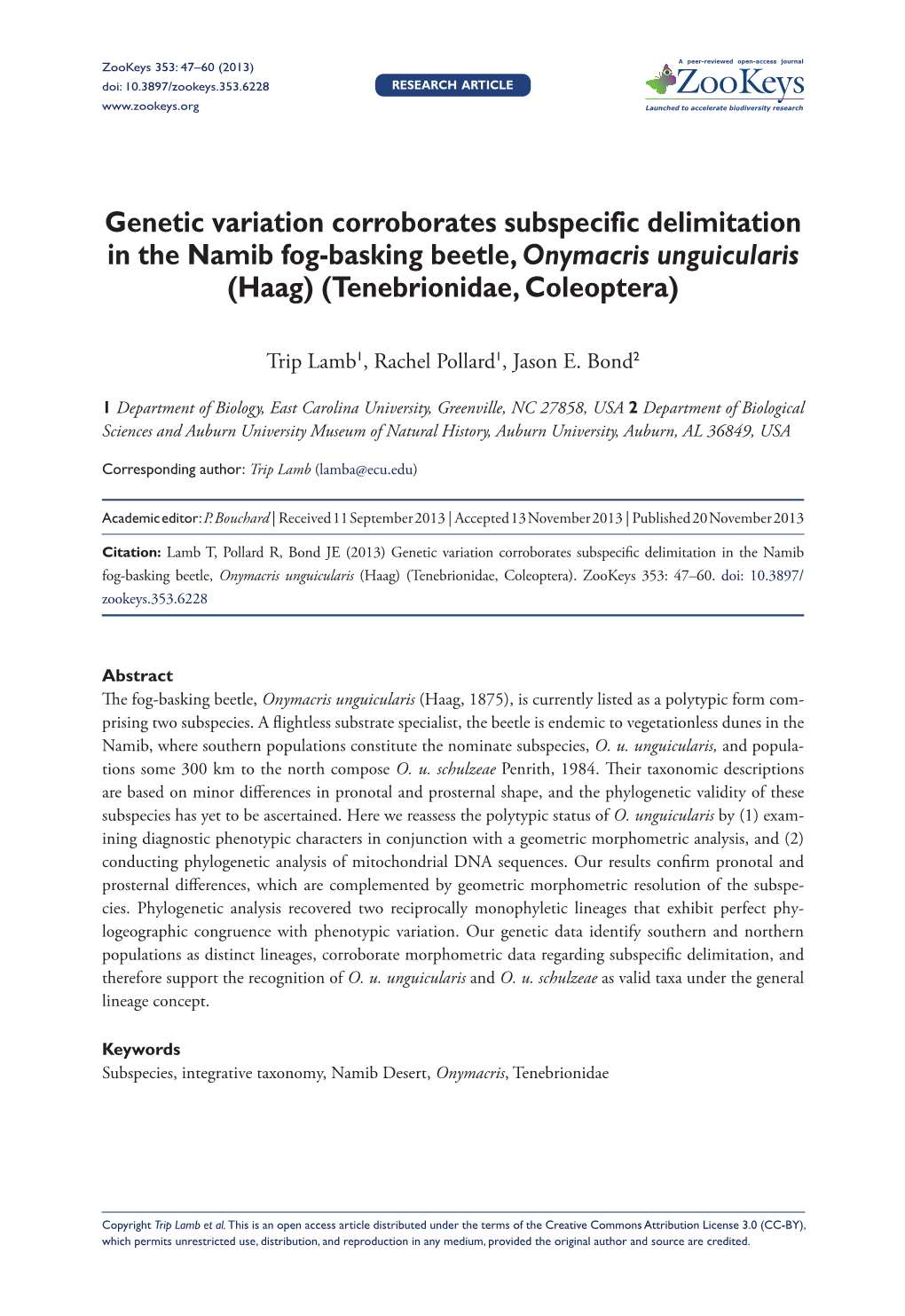 Genetic Variation Corroborates Subspecific Delimitation in the Namib Fog-Basking Beetle, Onymacris Unguicularis (Haag) (Tenebrionidae, Coleoptera)