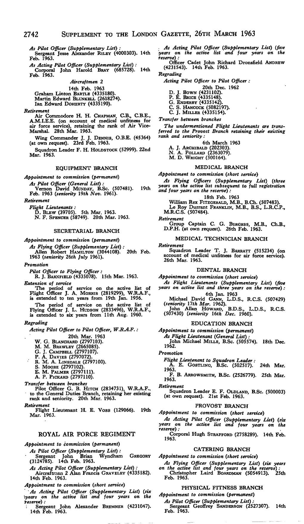 2742 Supplement to the London Gazette, 26Th March 1963