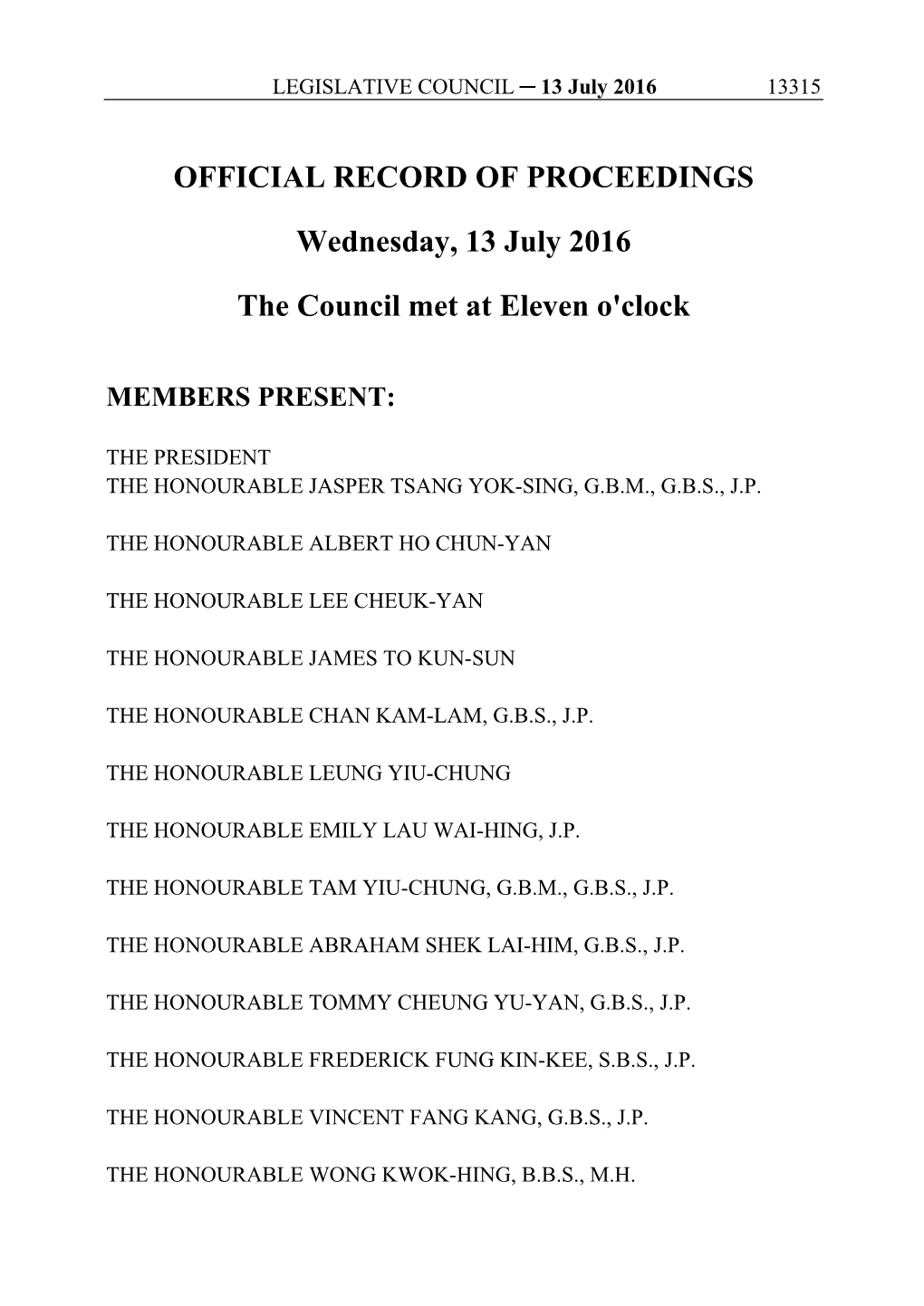 OFFICIAL RECORD of PROCEEDINGS Wednesday, 13