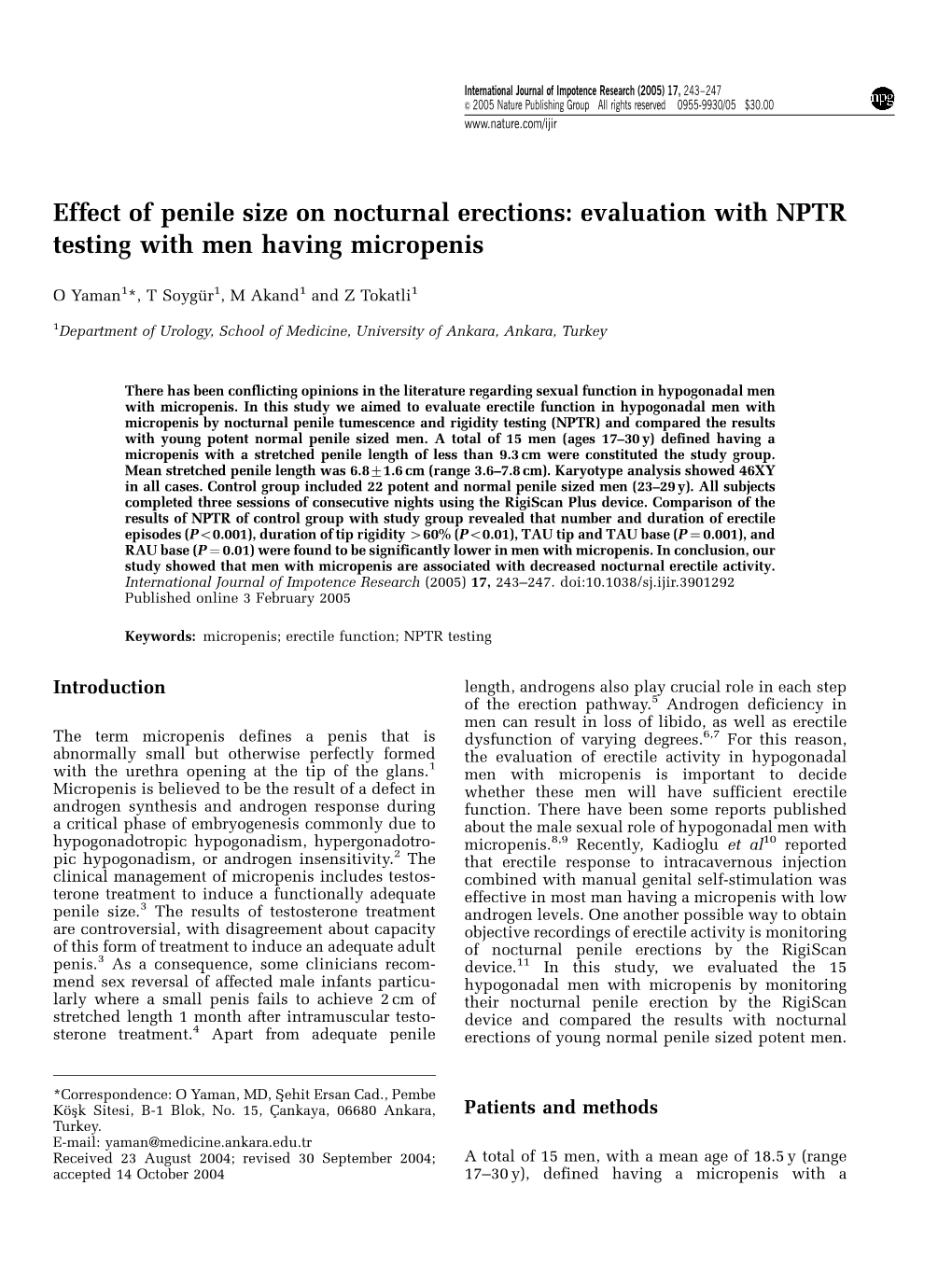 Effect of Penile Size on Nocturnal Erections: Evaluation with NPTR Testing with Men Having Micropenis
