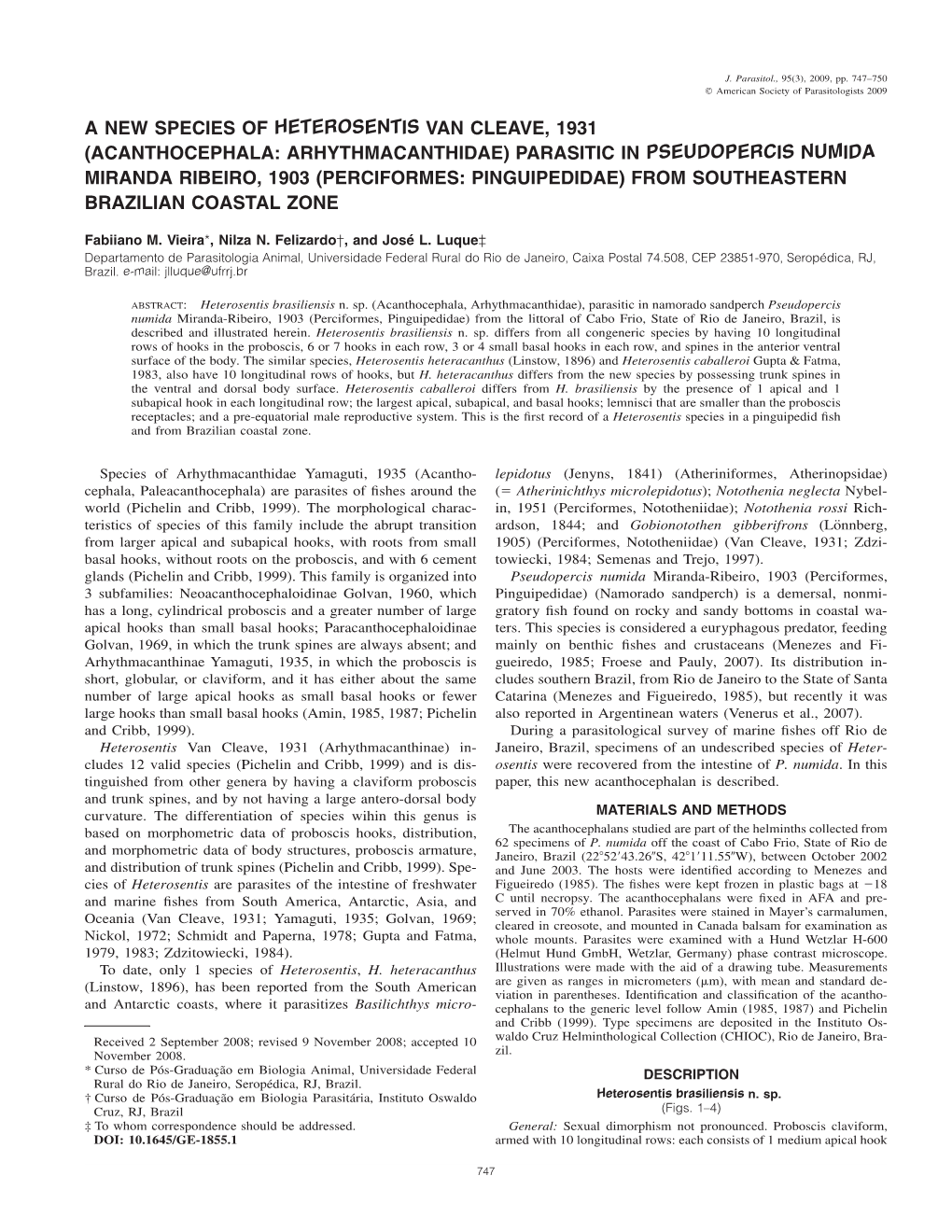 (Acanthocephala: Arhythmacanthidae) Parasitic in Pseudopercis Numida Miranda Ribeiro, 1903 (Perciformes: Pinguipedidae) from Southeastern Brazilian Coastal Zone