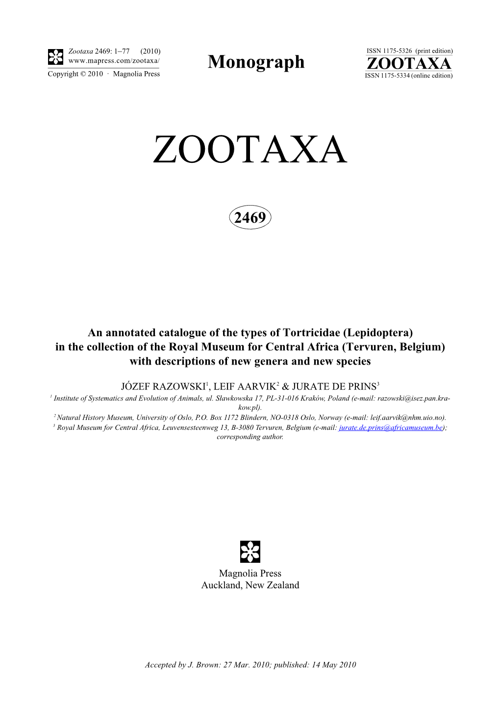 Zootaxa, an Annotated Catalogue of the Types of Tortricidae