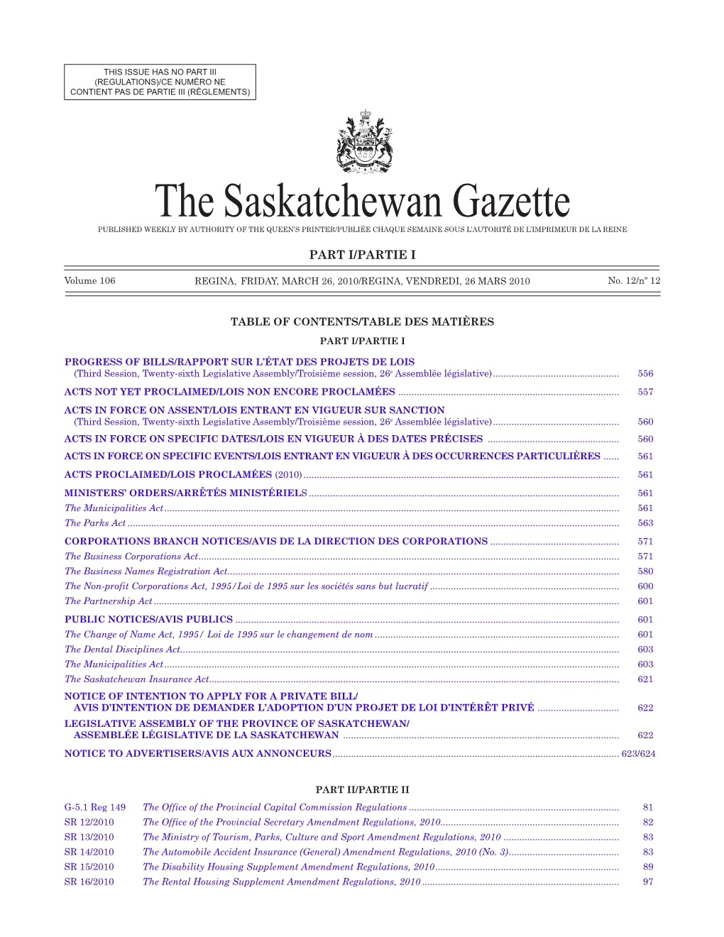 Sask. Gazette, Part I, March 26, 2010