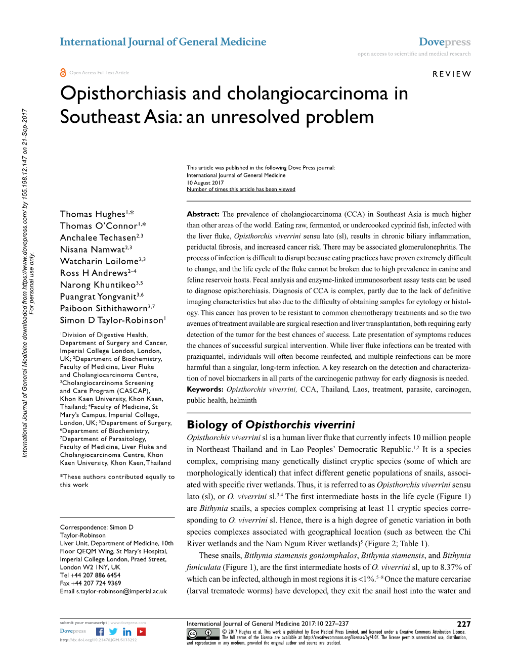 Opisthorchiasis and Cholangiocarcinoma in Southeast Asia: an Unresolved Problem