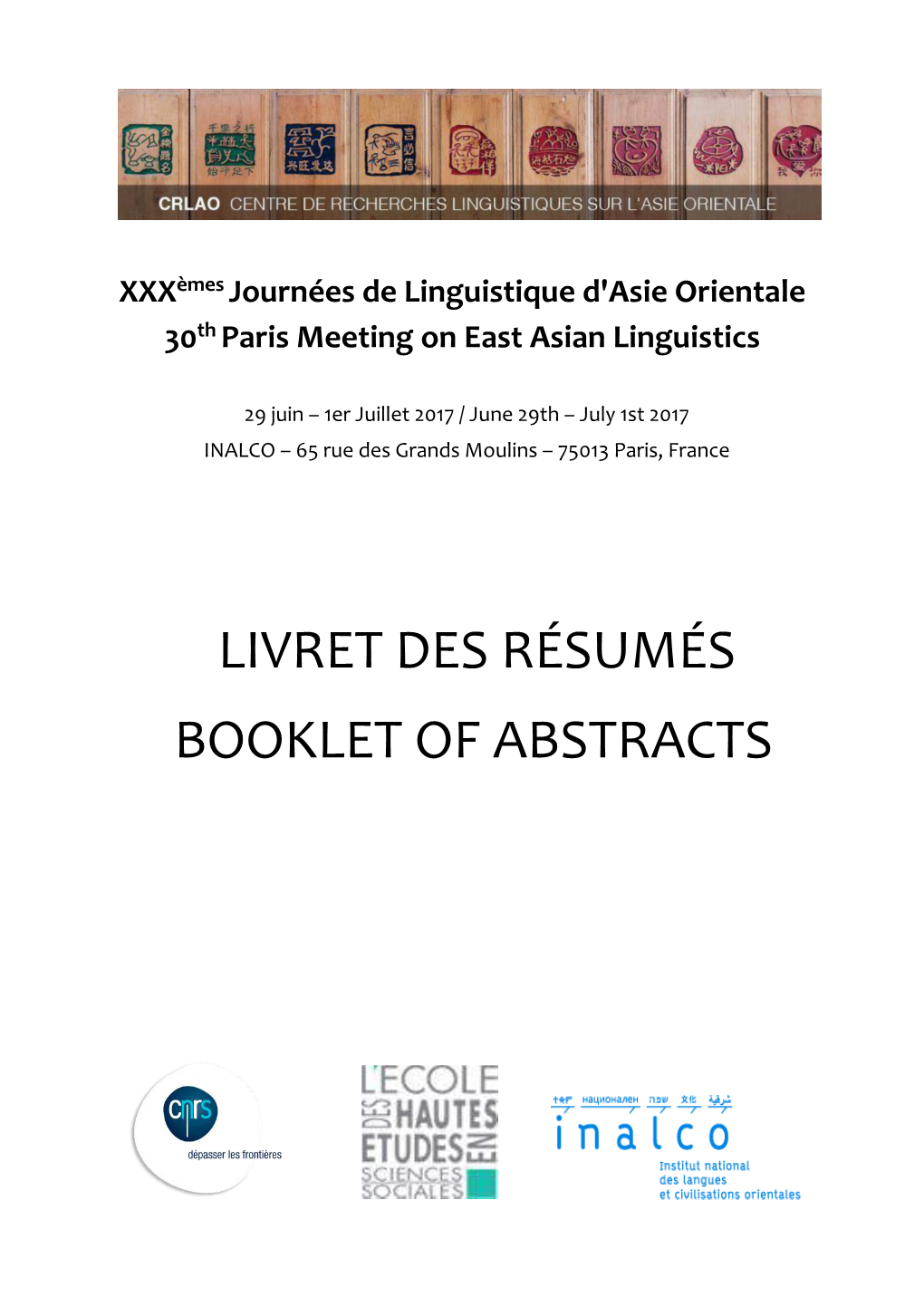 Livret Des Résumés Booklet of Abstracts