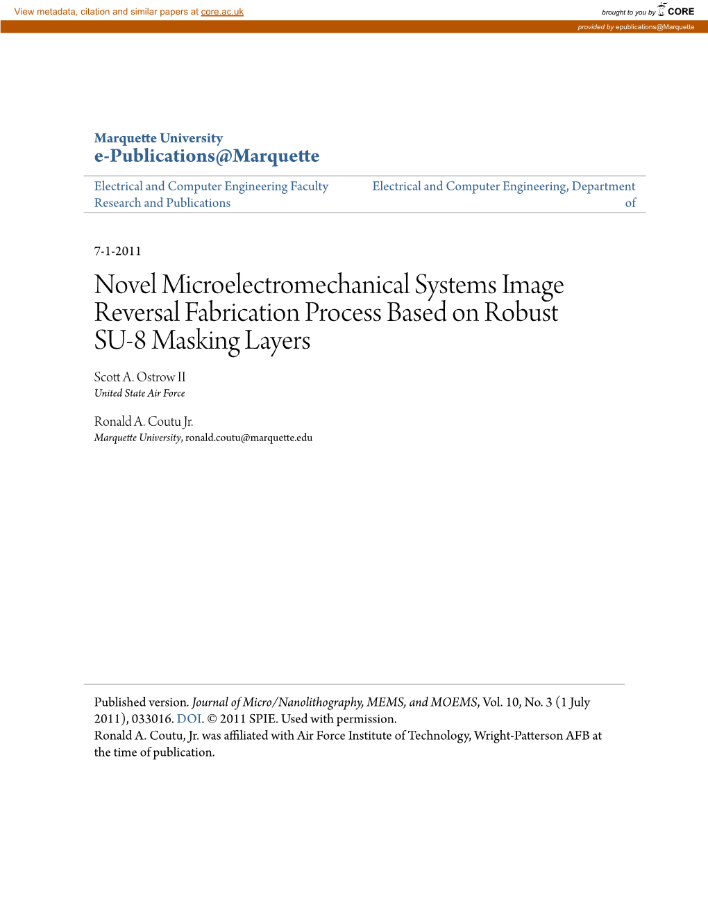 Novel Microelectromechanical Systems Image Reversal Fabrication Process Based on Robust SU-8 Masking Layers Scott A