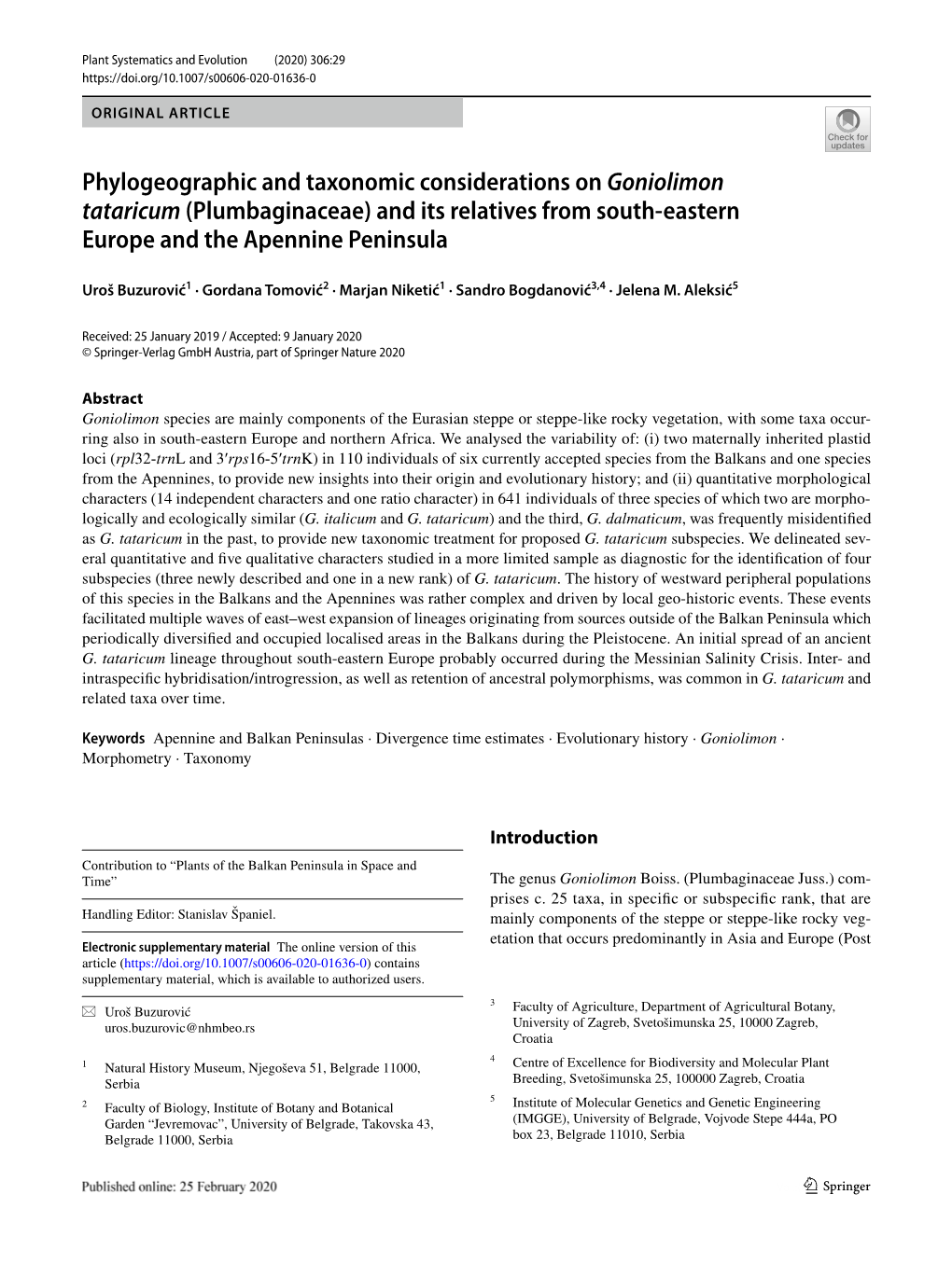 Phylogeographic and Taxonomic Considerations on Goniolimon Tataricum (Plumbaginaceae) and Its Relatives from South‑Eastern Europe and the Apennine Peninsula