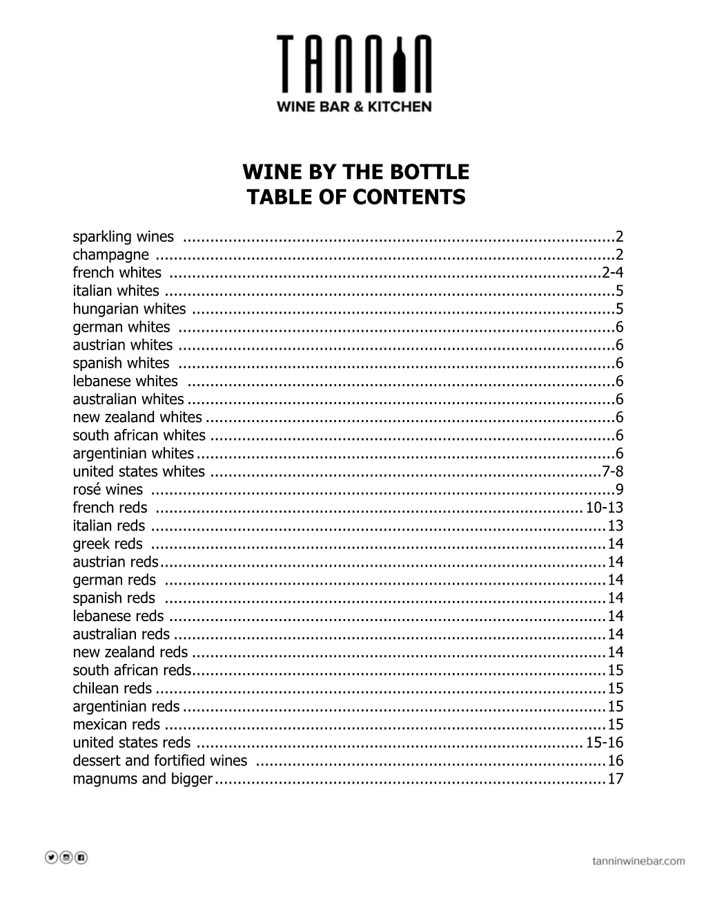 WINE by the BOTTLE TABLE of CONTENTS Sparkling Wines
