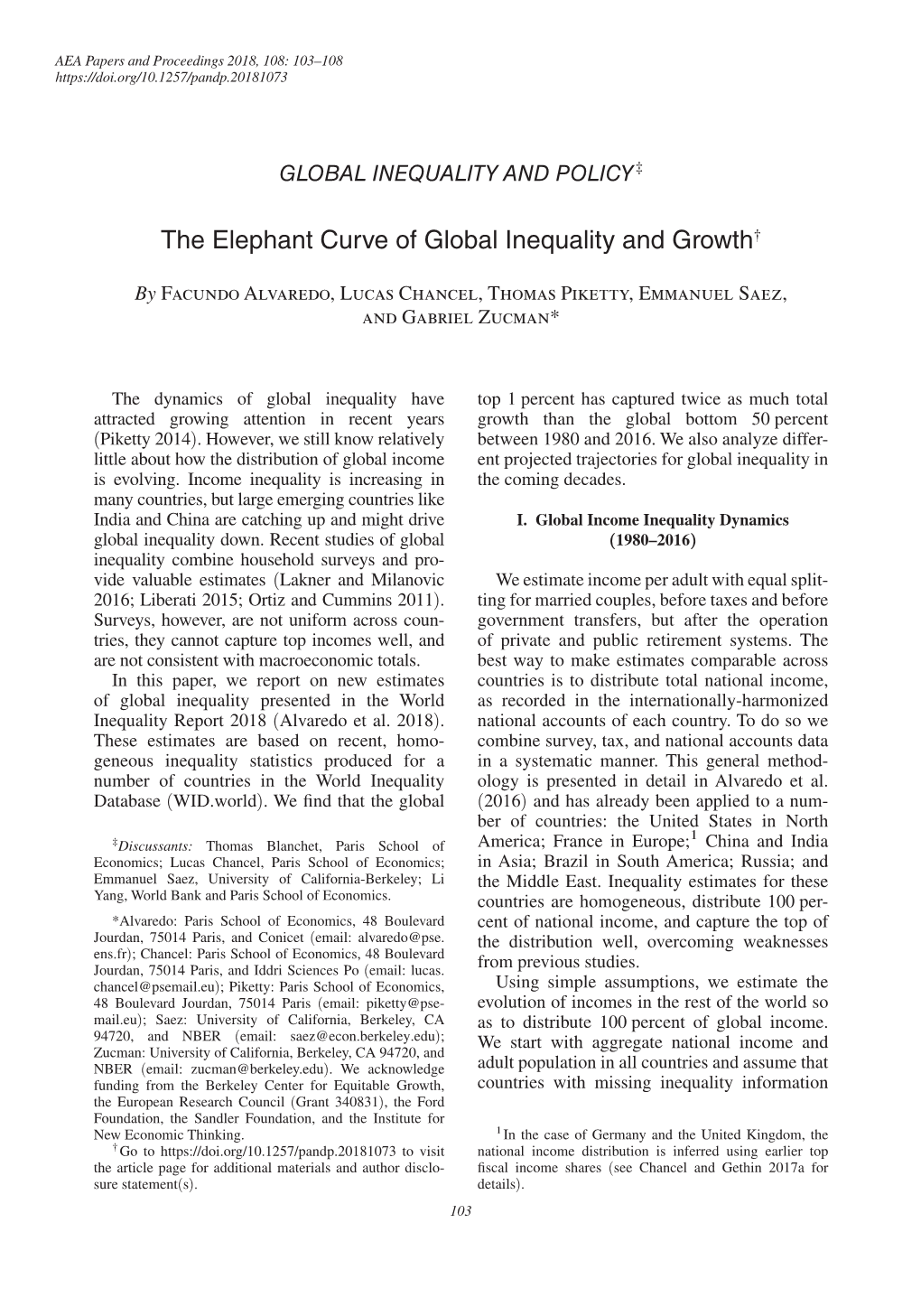The Elephant Curve of Global Inequality and Growth†